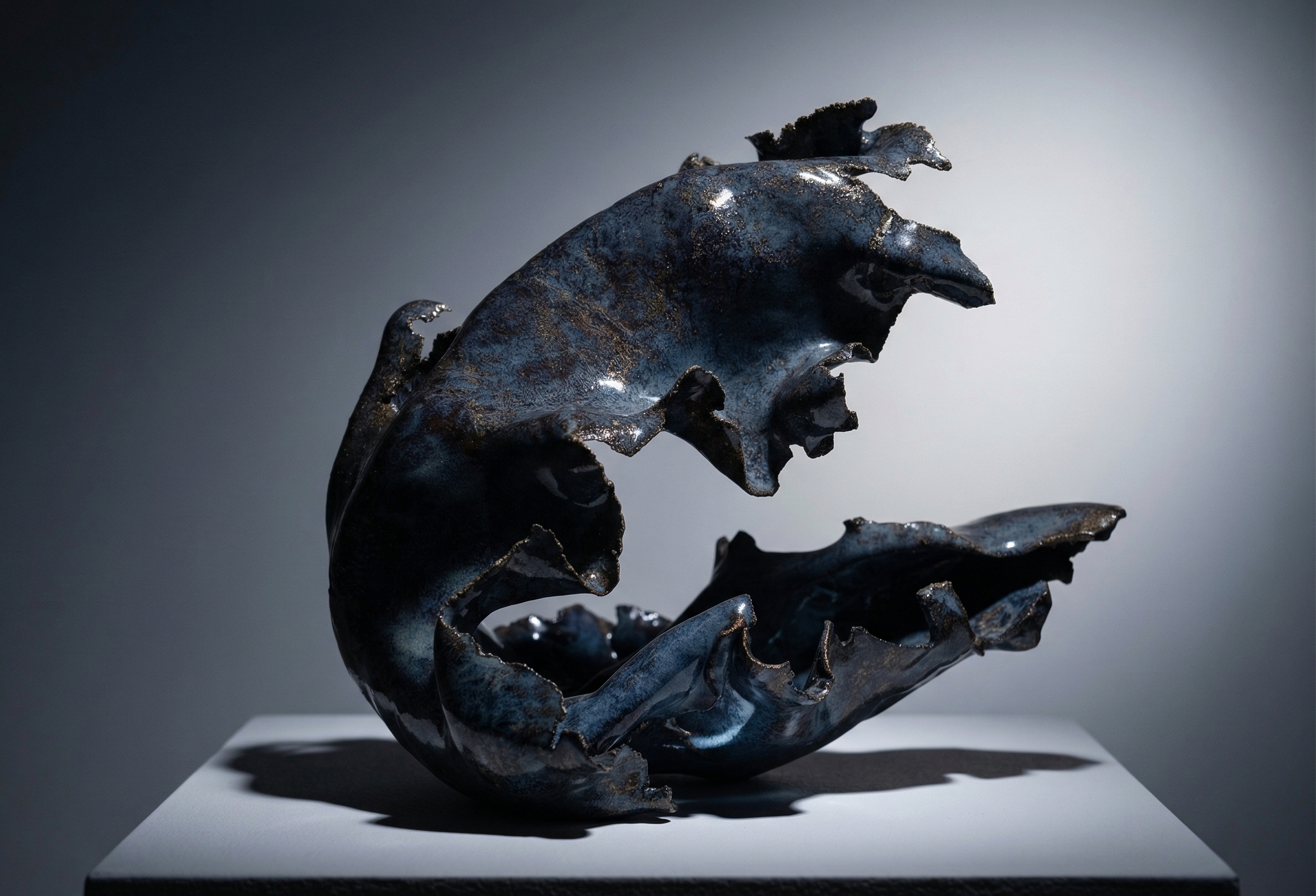 Blue sculpture on a grey pedestal against a grey background